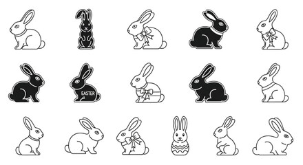 Fototapeta premium Easter Bunny Line Icon Set Cute Rabbit Outline Collection Holiday Illustration