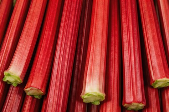 Freshly harvested rhubarb stalks displaying vivid red colors arranged in an organic pattern showcasing their natural textures and vibrant hues in a culinary context