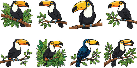Fototapeta premium Cute Cartoon Toucan Bird Set with Colorful Beaks, Tropical Leaves, and Branches for Wildlife Illustrations, Nature Designs, and Kids Artwork