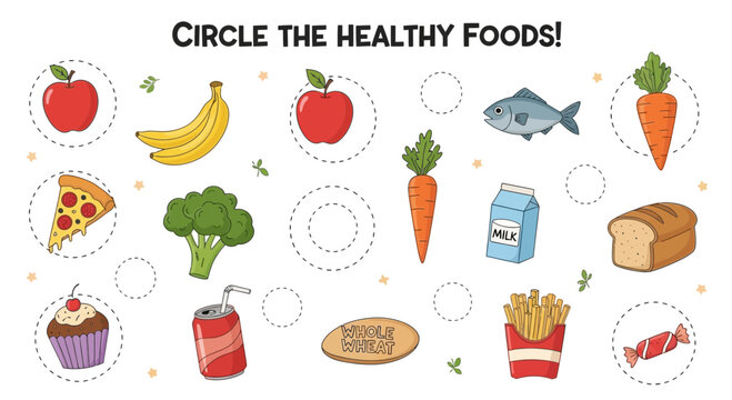 A colorful vector graphic illustration of healthy and unhealthy food options for kids