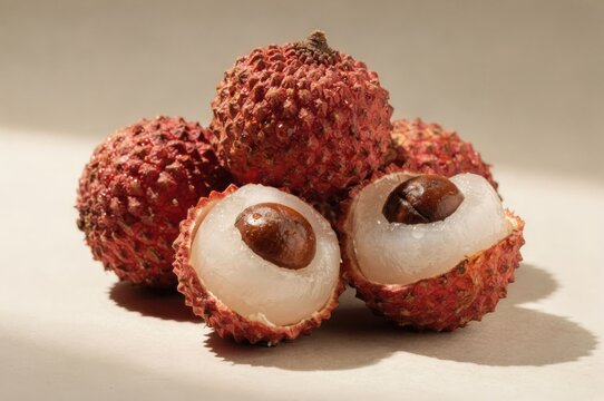 Lush lychee fruits with vibrant red textured exterior showcasing translucent flesh and glossy brown seeds embodying tropic indulgence and culinary delight