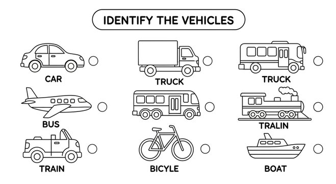 A vector graphic illustration of various vehicles for educational purposes