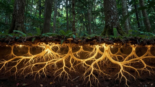 Cross-section of a forest showing glowing mycorrhizal fungi connecting tree roots, illustrating the hidden underground ecosystem with soft focus.