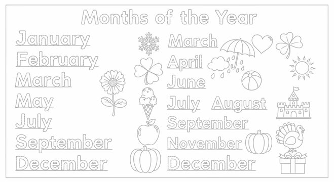 A vector graphic illustration of the months of the year with corresponding icons for each month