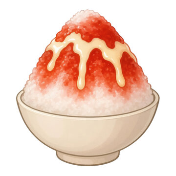 Watermelon Shaved Ice (Kakigori) with Creamy Condensed Milk in White Bowl, isolated transparent background