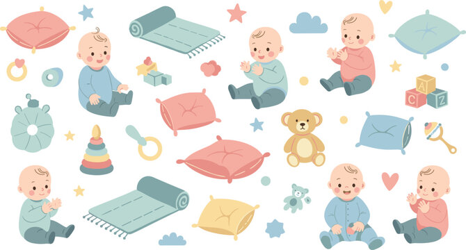 Cute Baby Sitting and Playing Vector Set with Infant Characters, Pillows Toys Accessories Collection for Nursery Design, Cozy Childhood Illustration and Kids Graphics.