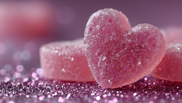 Pink heart candy covered in glittering sugar, setting a romantic and dreamy tone for Valentine&rsquo;s Day