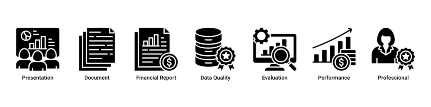 Reporting System web banner icon vector illustration featuring Presentation,Document,Financial Report,Data Quality,Evaluation,Performance,and Professional