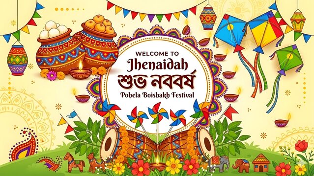 Pohela Boishakh Festival Celebration with Colorful Decorations and Traditional Symbols
