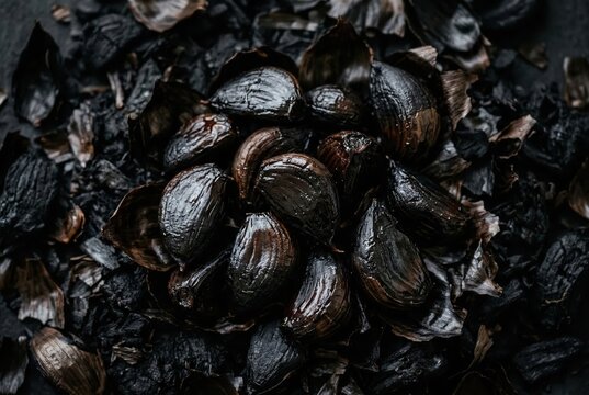 Charred Black Garlic Cloves Nestled Among Smoky Papery Skins Showcasing Unique Culinary Delicacy and Rich Flavor Profiles captured with clarity
