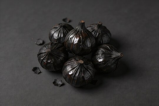 Unique black garlic bulbs arranged artistically on a dark textured surface showcasing culinary innovation and health benefits in gourmet cooking