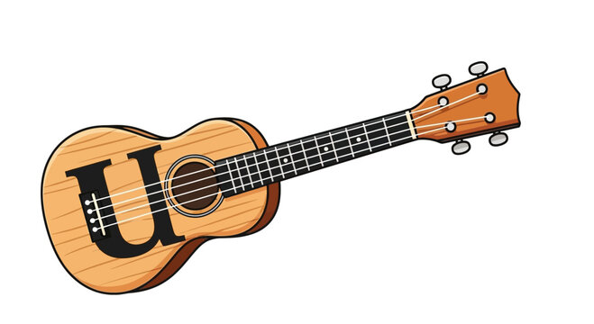 A vector graphic illustration of a ukulele with a large letter U on its body