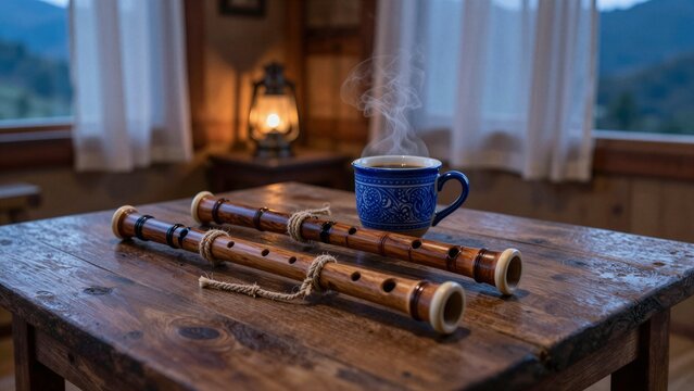 Two traditional Andean flutes rest beside a steaming cup of coffee on a rustic wooden table, evoking a cozy, cultural ambiance with soft focus.