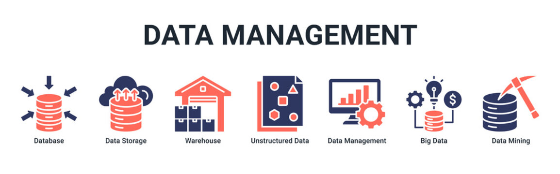 Data Management web banner icon vector illustration with Database,Data Storage,Warehouse,Unstructured Data,Data Management,Big Data,and Data Mining