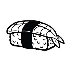 Fototapeta premium Black and white cartoon illustration of a single piece of nigiri sushi, featuring a fish or eel topping on a rice bed, wrapped with a dark band.