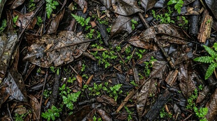 Fototapeta premium Flat lay of a wet dark tropical monsoon jungle floor with decaying leaves and moss, rich organic nature texture. 