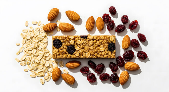 Flat lay of granola bar with oats almonds and cranberries