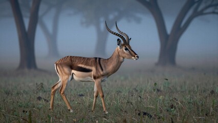 Naklejka premium An okapi stands in a foggy forest at dawn with soft blue light illuminating the scene. The background is softly blurred, creating a serene atmosphere.