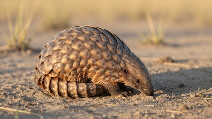 Obraz premium A baby pangolin curls up in a defensive posture on sandy soil, displaying its unique scales and protective instincts.