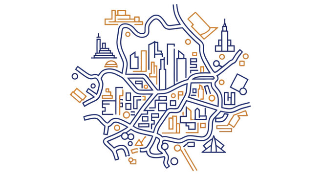 Abstract city illustration featuring simplified buildings and winding roads in blue and orange
