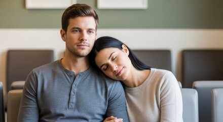 Serene Embrace: A couple shares an intimate moment, the woman finding solace as she rests her head upon the man's shoulder, their connection radiating tranquility and profound trust. 