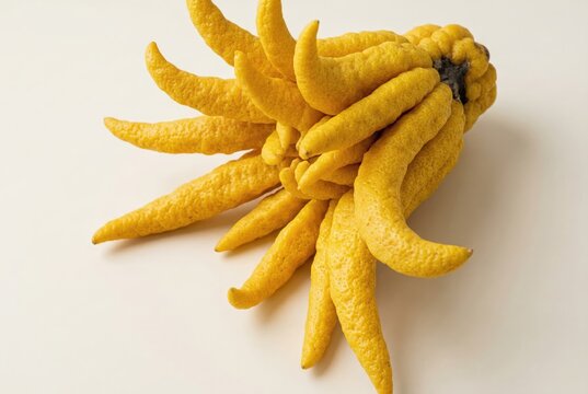Uniquely textured yellow citrus fruit with intricate elongated appendages displayed against a soft neutral backdrop capturing the essence of organic forms and culinary creativity