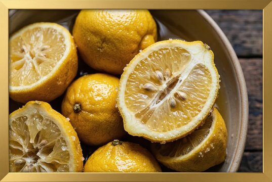 Freshly cut lemons arranged artistically in a rustic bowl setting creating a vibrant display of citrus fruit motifs accentuated by the textured wooden backdrop and golden framing evoking natural