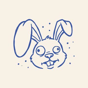 Funny Crazy Rabbit Character Illustration, Quirky Hand Drawn Blue Line Art Bunny Mascot with Big Eyes and Buck Teeth on Cream Background