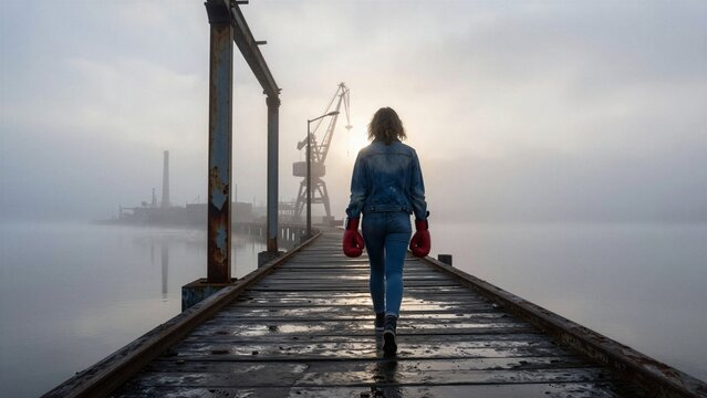 A woman in a denim jacket and red boxing gloves walks away from the camera along a foggy dock at sunrise, industrial cranes visible in background.