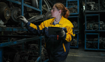 Fototapeta premium Hispanic worker repairing and maintaining vehicles using tools. Female Latin engineer working in dirty junkyard old used auto car part warehouse for recycle or repair. Empowerment woman