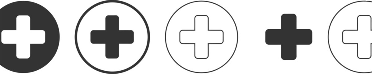 Obraz premium Plus icon set, collection of add symbols and addition signs including medical plus icons for UI design, interface graphics, and healthcare applications.