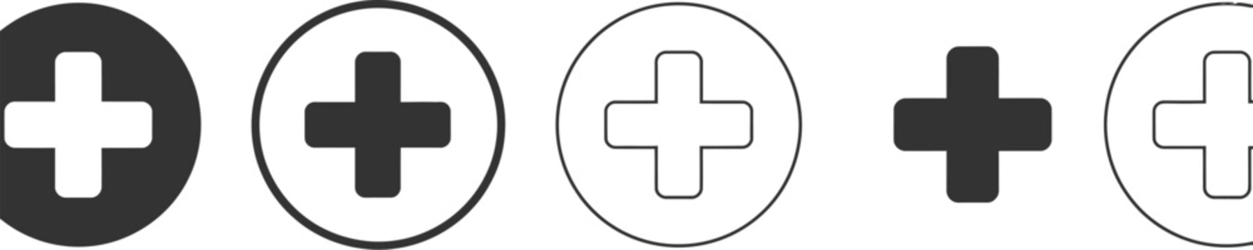 Plus icon set, collection of add symbols and addition signs including medical plus icons for UI design, interface graphics, and healthcare applications.