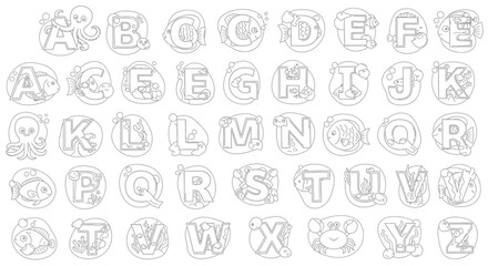 A whimsical vector graphic illustration of a children's alphabet, featuring cartoon animal designs © Milon