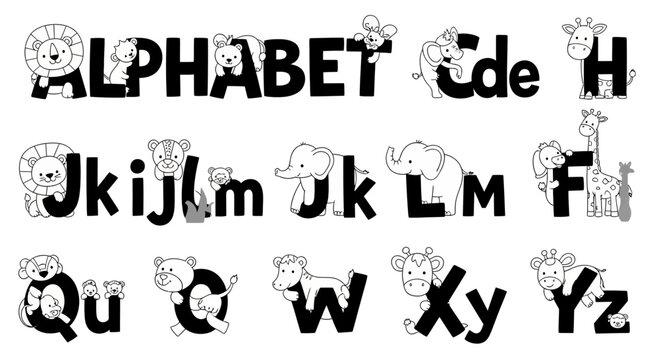 A black and white vector graphic illustration of the alphabet with cute animal characters