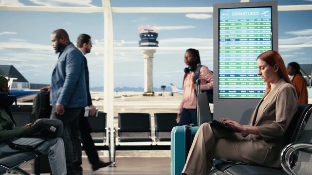 Woman entrepreneur working in laptop in airport lounge between flights, lifestyle of a frequent flyer traveling abroad often. International journey for business trip, formal wear.