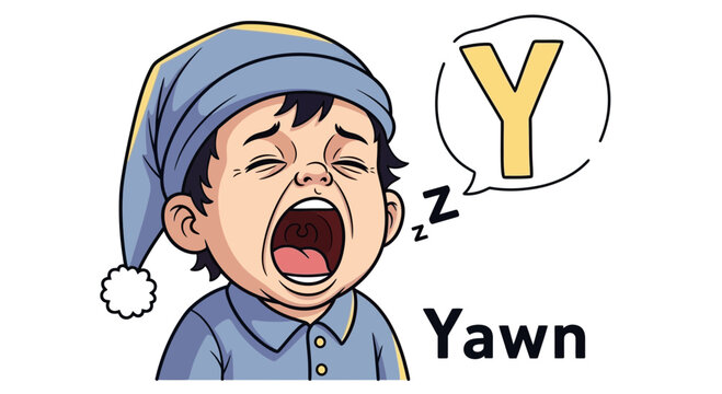 A cartoon boy wearing a blue sleep cap yawns with a speech bubble