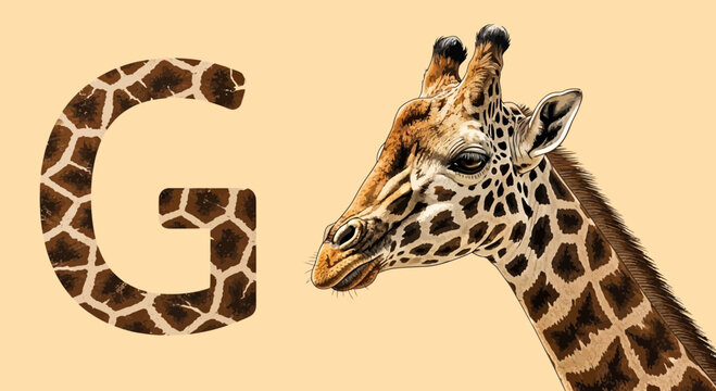 A creative illustration of a giraffe's head next to a large letter G made of giraffe print on a solid background