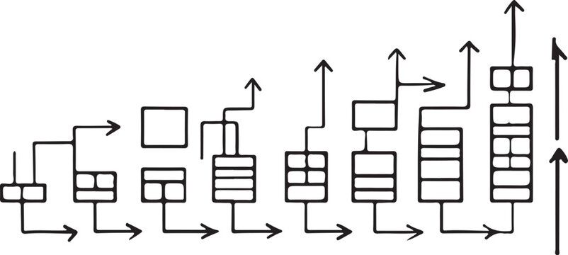 A schematic line drawing showing a series of increasing vertical stack structures and flow paths