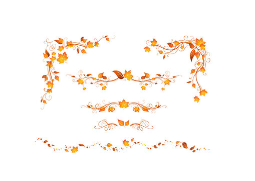 Autumn leaves, orange floral borders, vector frame designs, fall decorations