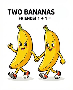 authentic human lifestyle concept Two cute cartoon banana characters walking and holding hands. Happy fruit friends mascot illustration for kids education and food concepts. modern commercial stock us
