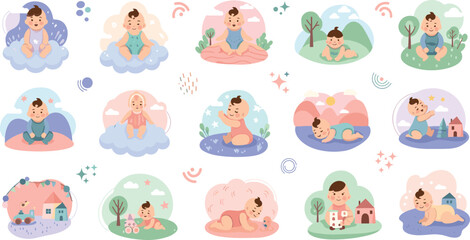 Fototapeta premium Cute Baby Outdoor and Indoor Activities Vector Set with Infant Characters Sitting Playing Sleeping Scenes, Nature and Home Illustration for Nursery Design and Kids Graphics.