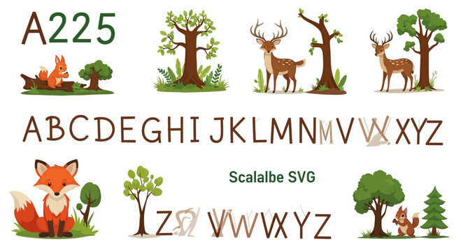 A colorful vector graphic illustration of forest animals and trees with alphabet letters