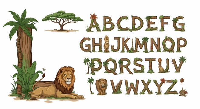 A colorful vector illustration of a jungle alphabet with a lion and palm trees