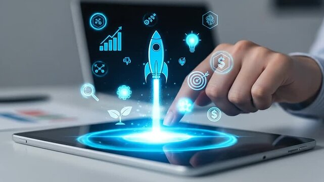 Digital startup concept with rocket launch from tablet, innovation and business growth vision