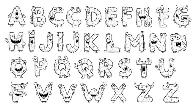 A vector graphic illustration of a monster alphabet, featuring cartoon creatures in the shape of letters from A to Z.