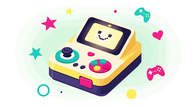 A colorful vector illustration of a handheld video game console with a smiling screen surrounded by fun icons and symbols.