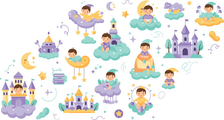 Fototapeta premium Cute Baby Fantasy Dreamland Vector Set with Infant Characters on Clouds, Fairytale Castles, Moon Stars Illustration for Nursery Design and Kids Magical Graphics.