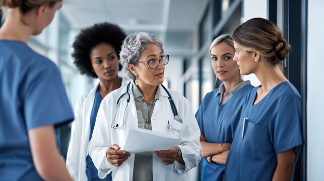 Asian female mature doctor with stethoscope leading group of female nurses in hospital corridor, holding medical documents and explaining care plan