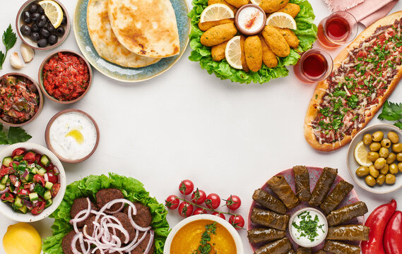 Turkish food background, border, top view