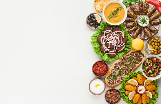 Turkish food background, border, flat lay